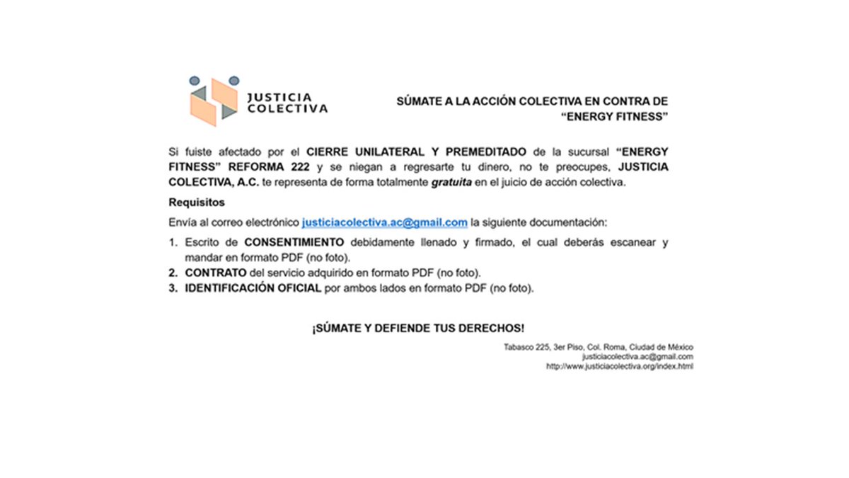 JusticiaAc's tweet photo. ⚠️⚠️⚠️Si fuiste afectado por #EnergyFitness @gimansiosenergy por el cierre de la sucursal de #Reforma222 @reforma222ofic1 #JusticiaColectivaAC te representa de forma gratuita en el juicio colectivo. Para mayor información 👇👇👇 https://t.co/rZYI716A0H