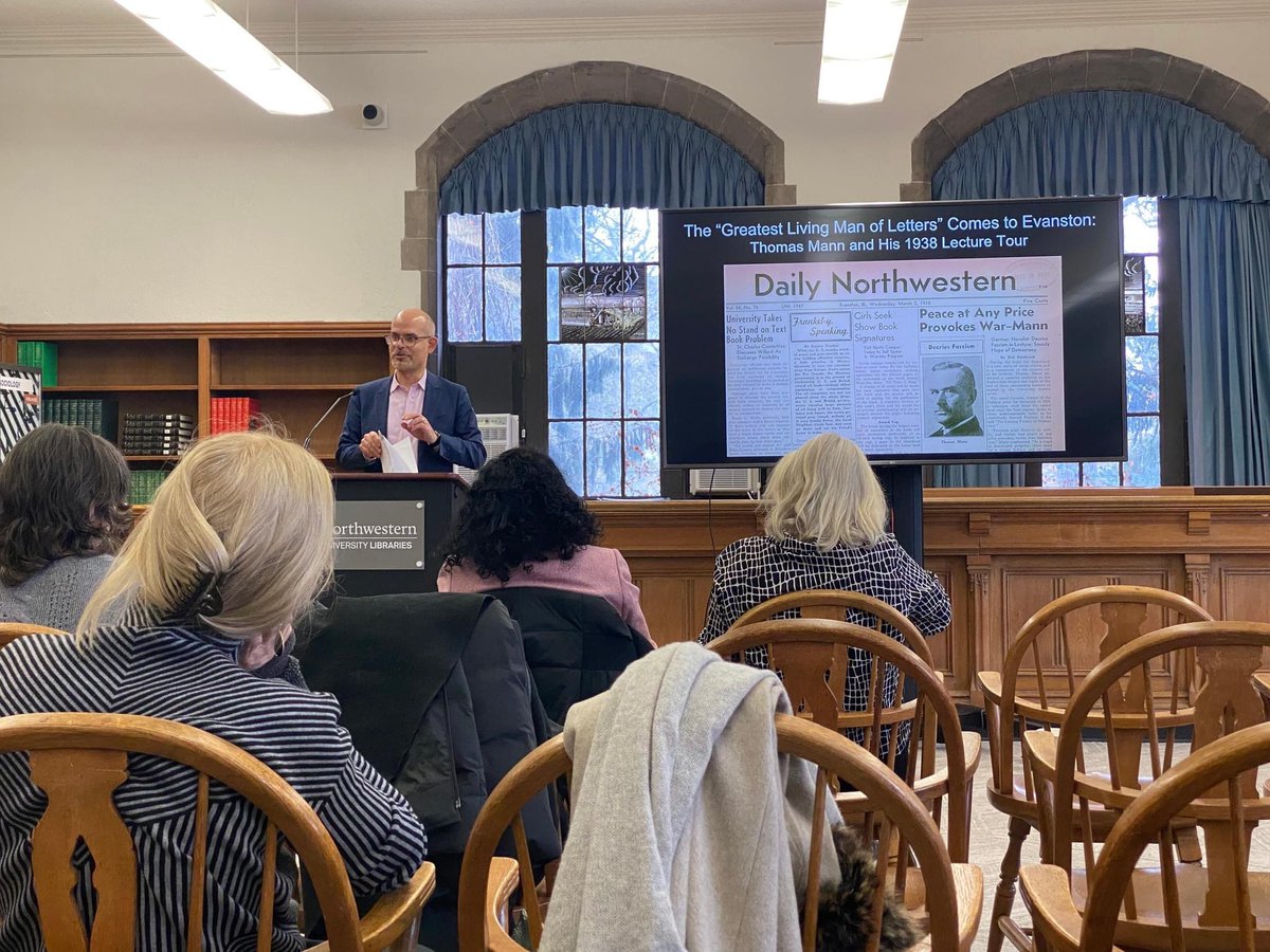 GermanatNU's tweet photo. Excellent Symposium on “Thomas Mann in Exile for Social Democracy” at @GermanatNU accompanying the Mann exhibit on Feb 3!Thank you to @ThomasMannHouse and @GI_Chicago and speakers Tobias Boes, Veronika Fuechtner, Meike Werner, and organizer Peter Fenves!!  #thomasnann @aatgonline https://t.co/QKpNBwQnHg