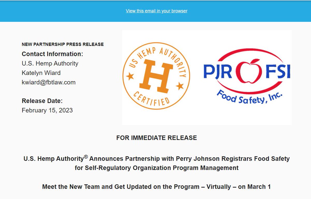 The <a href="/ushempauthority/">U.S. Hemp Authority</a> has announced a partnership with Perry Johnson Registrars Food Safety, Inc. for its self-regulatory organization program management. Register for an introductory webinar on March 1st to meet the new team and get updated on the program: bit.ly/3Xzr4Xu