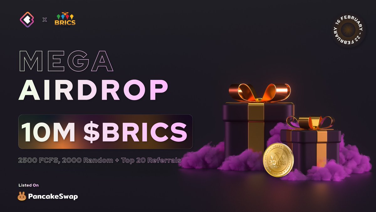 🥳We’re excited to announce our MEGA #AIRDROP with <a href="/TokenBrics/">BRICS TOKEN</a> 

🎁Prize Pool: 10M $BRICS ($100,000 USD)

📃Task
▶️Follow <a href="/Coinstages/">Coinstages</a> &amp; <a href="/TokenBrics/">BRICS TOKEN</a> 
▶️❤️, RT, Tag 3 Your Friends
✅Complete gleam.io/RUsr6/brics-to…

⏰ End 22nd February🤑

#BricsToken #Coinstages #BSC #Airdrops