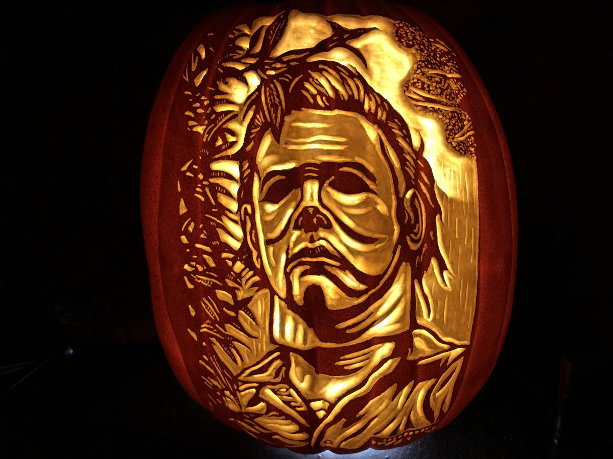 IanFetterman's tweet photo. Another first time carving available at @monstermaniacon next month. Original artwork by @jasonedmistonart. #halloween #michaelmyers #nickcastle #johncarpenter #jamieleecurtis #horror #jasonedmiston #pumpkin #handcarved #dremel #pumpkincarving #foampumpkin #ianspumpkincarvings https://t.co/RhqvNEvusg