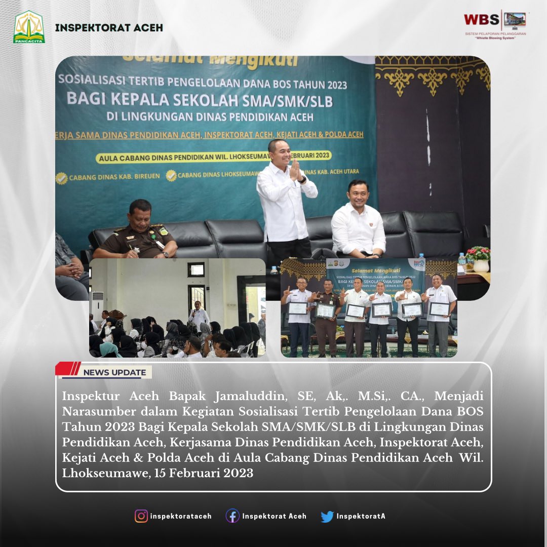 InspektoratA's tweet photo. Rabu (15/2) Inspektur Aceh Bapak Jamaluddin, SE, Ak, https://t.co/h76qJfvAw4, CA., Menjadi Narasumber dalam Kegiatan Sosialisasi Tertib Pengelolaan Dana BOS Tahun 2023 Bagi Kepala Sekolah SMA/SMK/SLB https://t.co/ain29GPvrK