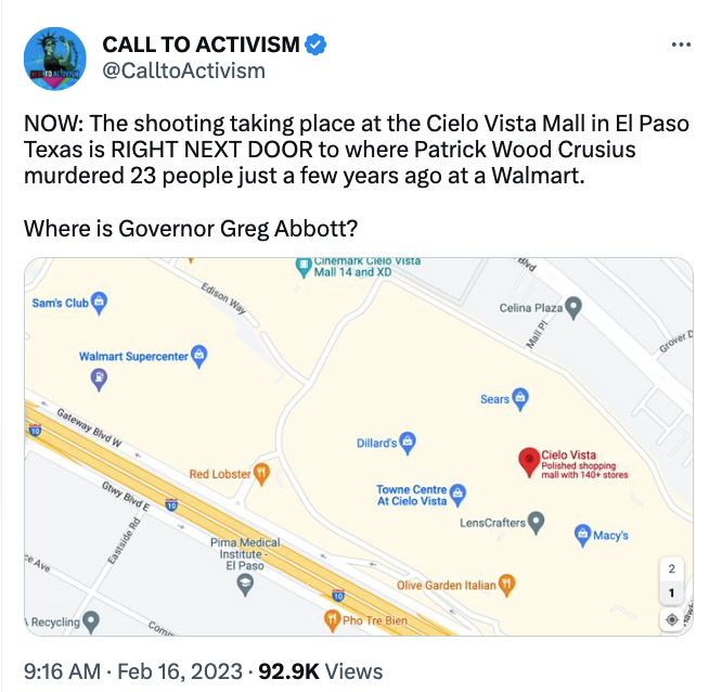 QuoteDigging's tweet photo. ANOTHER shooting currently unfolding at Cielo Vista Mall in El Paso,where multiple people have been injured.Only in America is it impossible to properly grieve after one shooting before the next one happens.Republicans,the longer you wait,the more blood on your hands
--Victor Shi https://t.co/aPK9DqYlLy