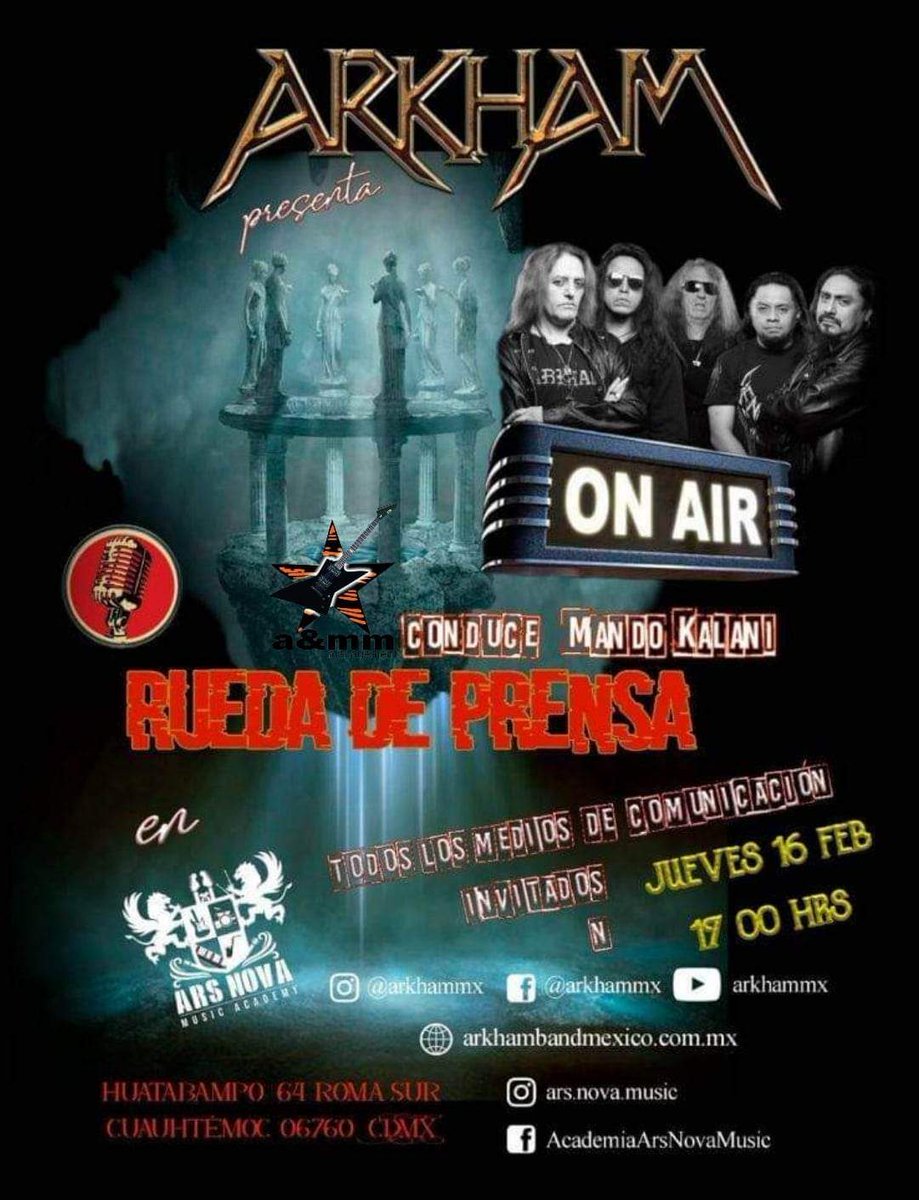DEB_ALT_RADIO's tweet photo. La banda 🇲🇽 #ArkhamMX Mañana en #ConferenciaDePrensa a las 17:00 en la @AcademiaArsNova ubicada en Huatabampo #64 Col. ROMA SUR a unas cuadras metro y metro bus Centro Médico, CDMX
Favor de confirmar al correo artmodelsmanagement@ymail.com o en sitio con MANDO KALANI
Gracias. https://t.co/VIon9N9hay