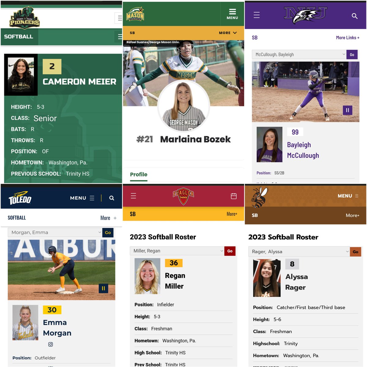 Wishing our Trinity alumni the best of luck this season!
<a href="/_cameronleighh/">cameron</a> • <a href="/PPUsoftball/">Point Park Softball</a> 
<a href="/Marlaina_Bozek/">marlaina</a>  • <a href="/MasonSoftball/">George Mason Softball</a> 
<a href="/bayleighm09/">Bayleigh McCullough</a> • <a href="/NiagaraSB/">Niagara Softball</a>
<a href="/emorgan_12/">Morgan E.</a> • <a href="/ToledoSoftball/">Toledo Softball</a>
@itsregaaan • <a href="/FlaglerSoftball/">Flagler Softball</a>
<a href="/alyssa_rager8/">Alyssa Rager</a> • <a href="/WUJacketsSB/">Waynesburg University Softball</a>
💙🥎💙🥎💙🥎💙🥎💙🥎💙🥎