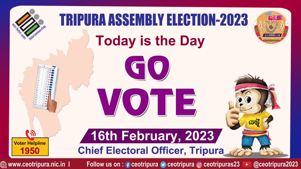 Today is the Date #GoVote 👏🏻

Best wishes to all Eligible Voters in 
#TripuraAssemblyElections2023 

#EveryVoteMatters 
#FestivalOfDemocracy 

#AssemblyElections2023
#Tripura