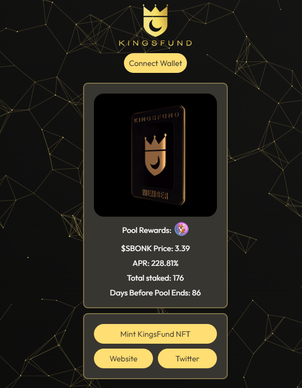Hi all, <a href="/kings_fund/">Kingsley</a> update
Q2 Payouts Done
Total Realized Profit: $2,143
Total Unrealized Profit: $138,692
Deployed Staking Dapp &amp; 90 Day pool
Current Staking APR: 238% 
Stake: stake-kingsfund.io
Fund Valuation: $170,000 USD
Full announcement: t.me/KingsFund/1171