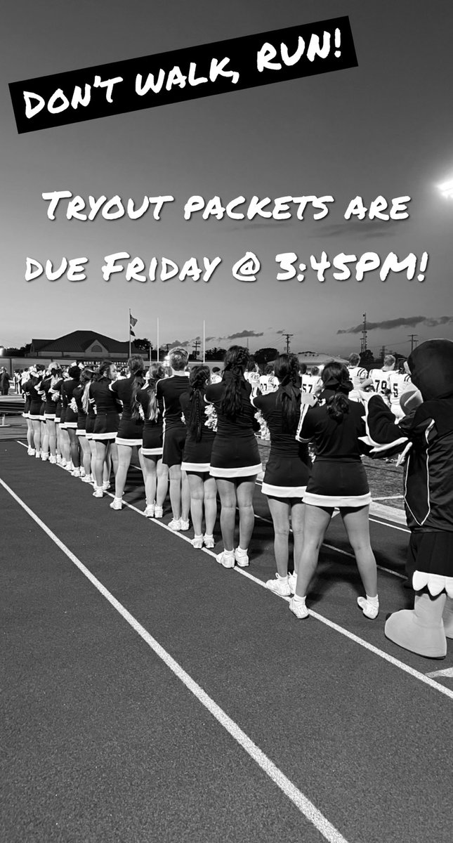 If you are interested in trying out for our sideline cheer squad, all required forms are due by Friday, February 17th @ 3:45PM!!