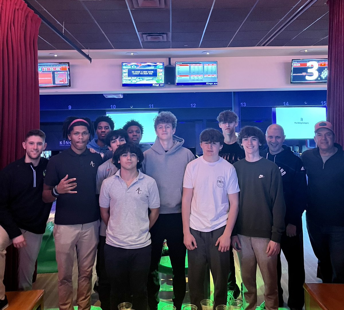Coach_Sarmiento's tweet photo. Thank you to the Svendsen family for hosting the team tonight for team bowling at King’s in Burlington.  Unfortunately we had some guys out sick and our swing players had a JV game, but a great time stepping away from the court before the last two games of the regular season. https://t.co/G5OdCtTrWC