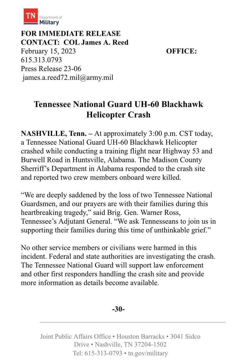 TNMilitaryDept's tweet photo. At approx 3pm today, a Tenn. National Guard UH-60 Blackhawk Helicopter crashed while conducting a training flight near Highway 53 in Huntsville, Ala. The Madison County Sherriff’s Dept. in Ala. responded to the crash site and reported two crew members onboard were killed. https://t.co/QA21UDVVVl