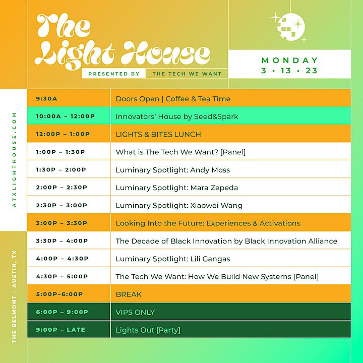 The Light House at SXSW, all day Monday 3/13 at The Belmont

RSVP: eventbrite.com/e/the-light-ho…

FREE/Open, badges not required. This has all the looks of an open bar with free food etc. Add it to the list.
