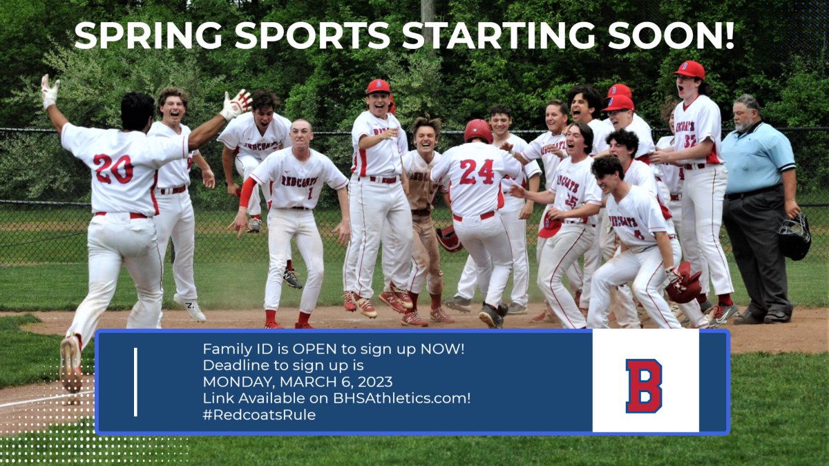 SPRING SPORTS STARTING SOON!

FamilyID is now open for Spring 2023 signup!
Deadline is March 6, 2023!

Pitchers and catchers start on March 11, 2023!
Rest of sports start on March 18, 2023!

#redcoactsrule