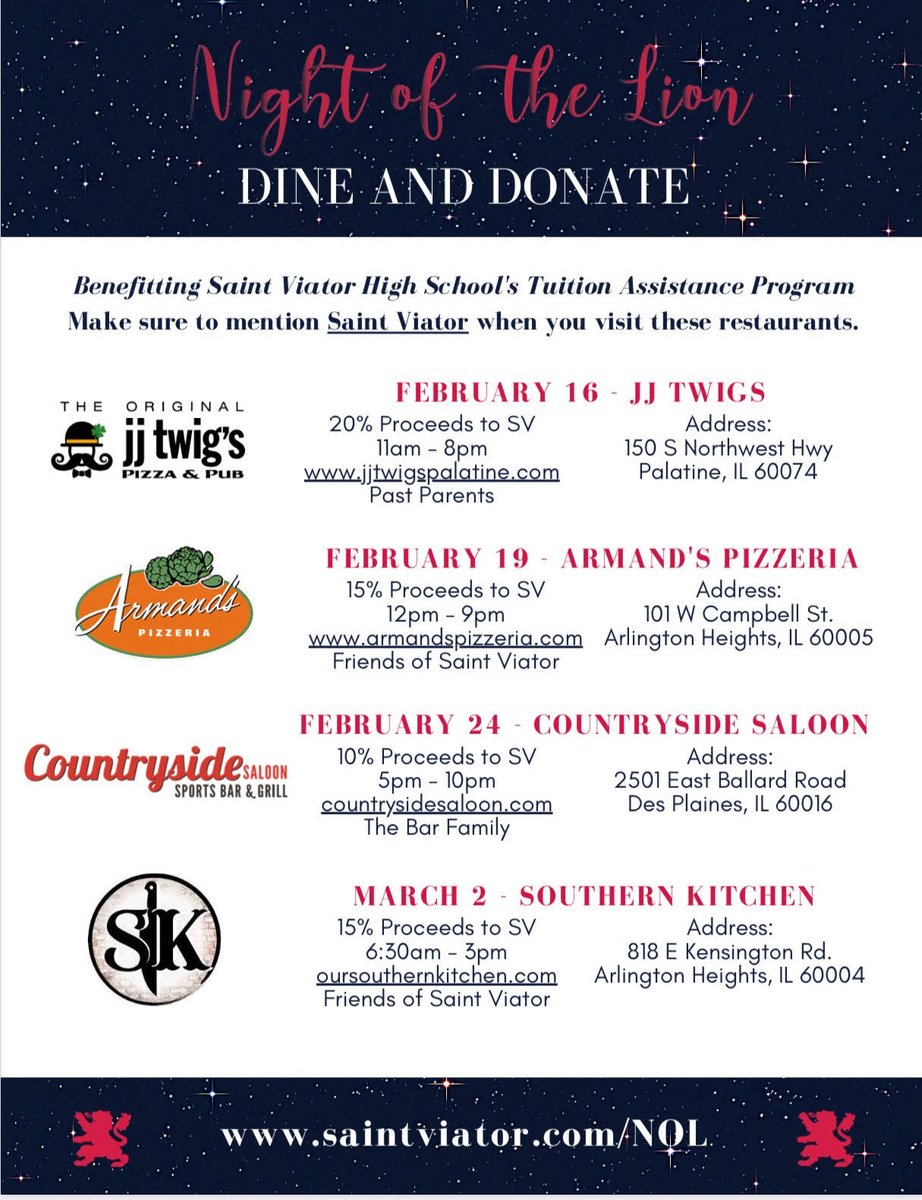 SVHSParentsClub's tweet photo. Looking for a great excuse to skip the cooking and support the Night of the Lion fundraiser? Check out this year's Dine &amp; Donate partners. And make plans now to join your fellow @SaintViatorHS parents for a night of food, cocktails and camaraderie. Visit https://t.co/rVatgRiHht https://t.co/Giz9eXz79R