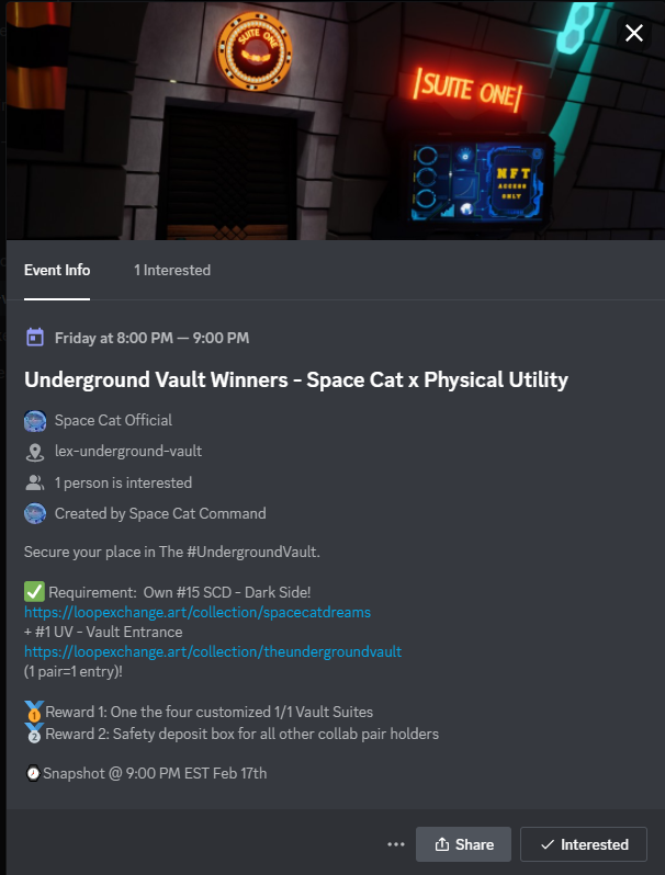 SpceCatOfficial's tweet photo. 📢Underground Vault Suite winners will be selected at 09:00 PM EST on 2/17 for the Space Cat x @PhysicalUtility collab!

🥇One of four custom Vault Suites 
🥈Safety deposit box for all other collab pair holders

Discord Event: https://t.co/vEInFnHEfK

#UndergroundVault #NFT https://t.co/zSCo4tu2Il