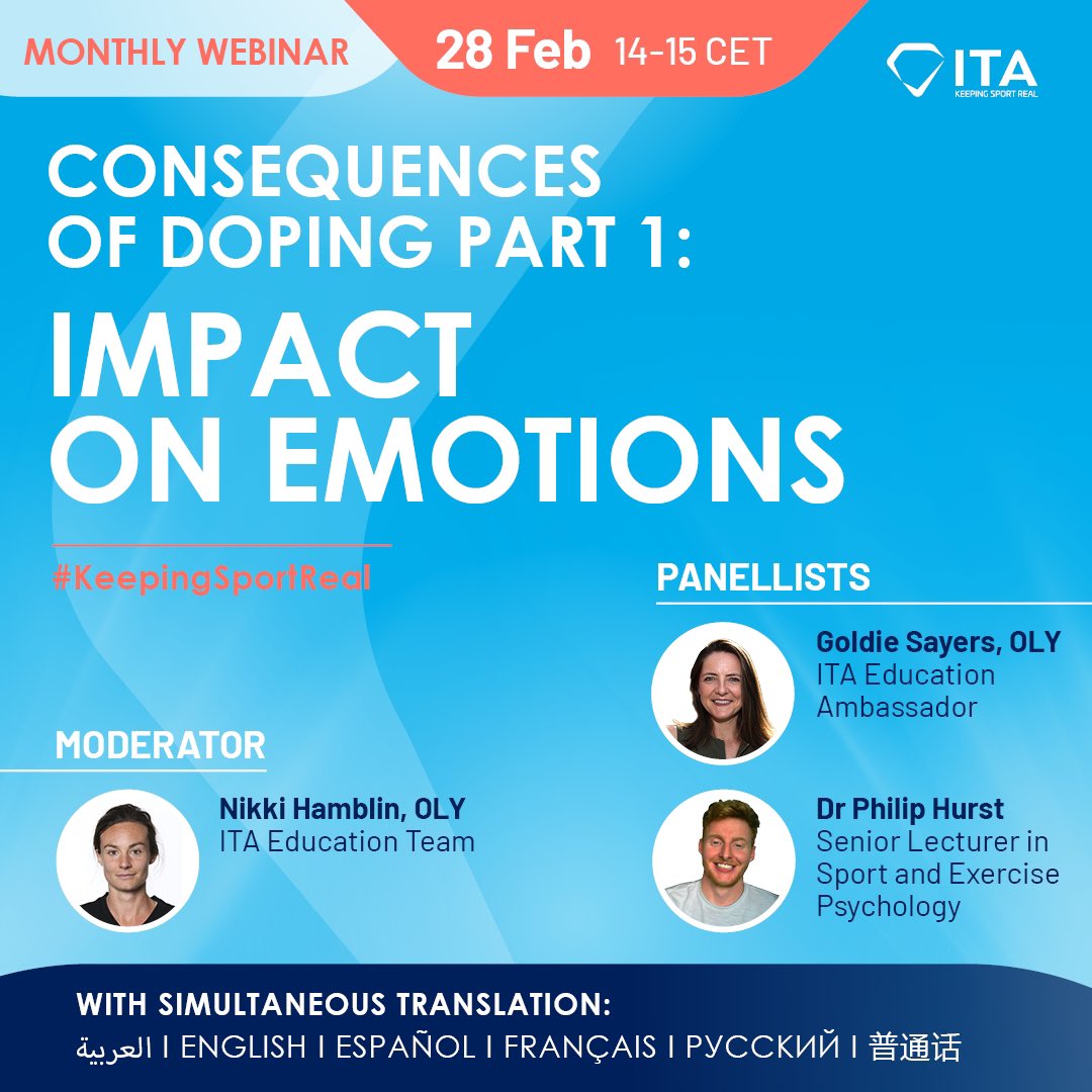 Consequences of doping part 1: impact on emotions Registration link: us06web.zoom.us/webinar/regist… Event date: Tuesday 28 February, 14:00 – 15:00 CET Panelists: Goldie Sayers OLY, ITA Education Dr Philip Hurst, Senior Lecturer in Sport Moderator: Nikki Hamblin OLY, ITA Education Team