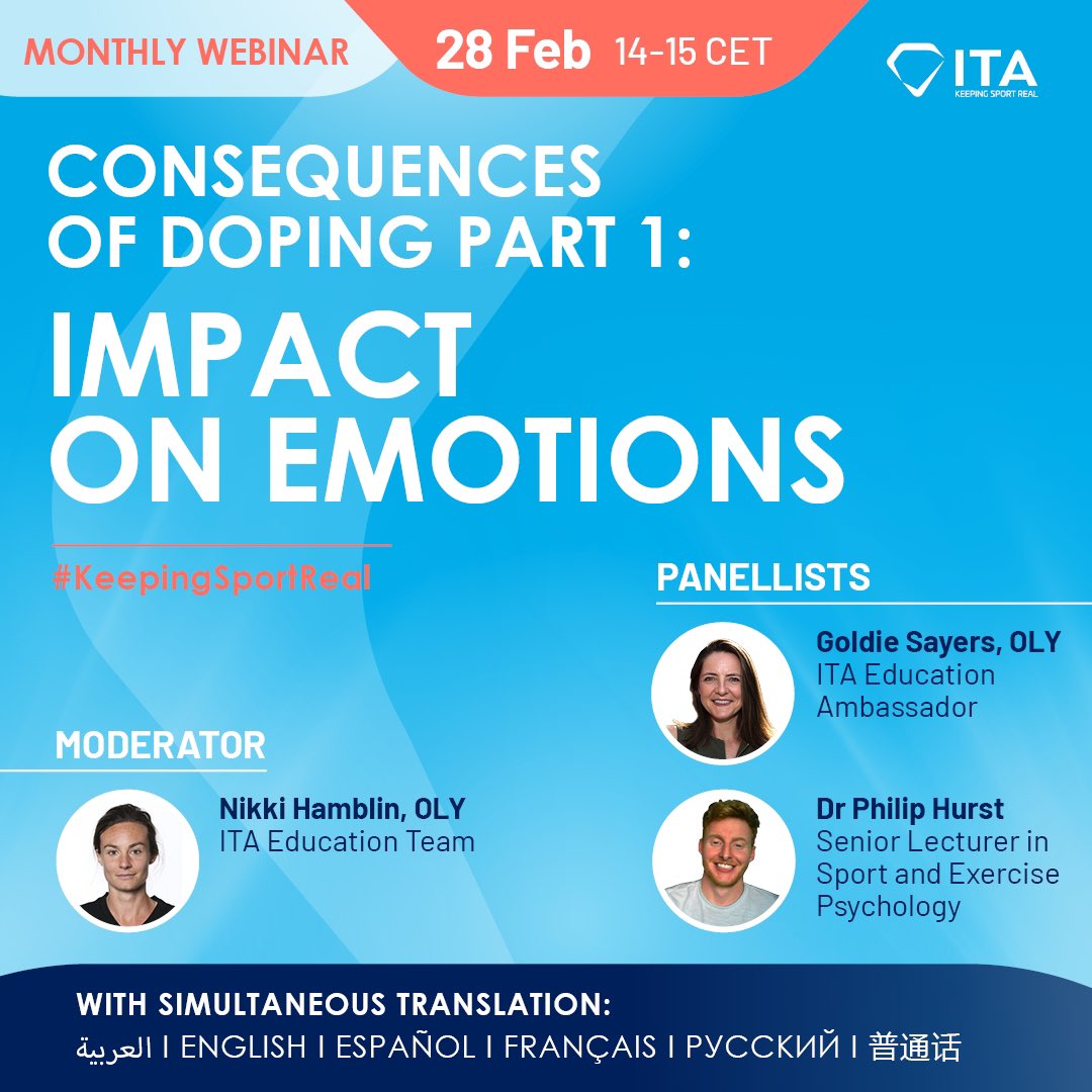 Consequences of doping part 1: impact on emotions
Registration link: us06web.zoom.us/webinar/regist…
Event date: Tuesday 28 February, 14:00 – 15:00 CET
Panelists:
Goldie Sayers OLY, ITA Education
Dr Philip Hurst, Senior Lecturer in Sport
Moderator: Nikki Hamblin OLY, ITA Education Team