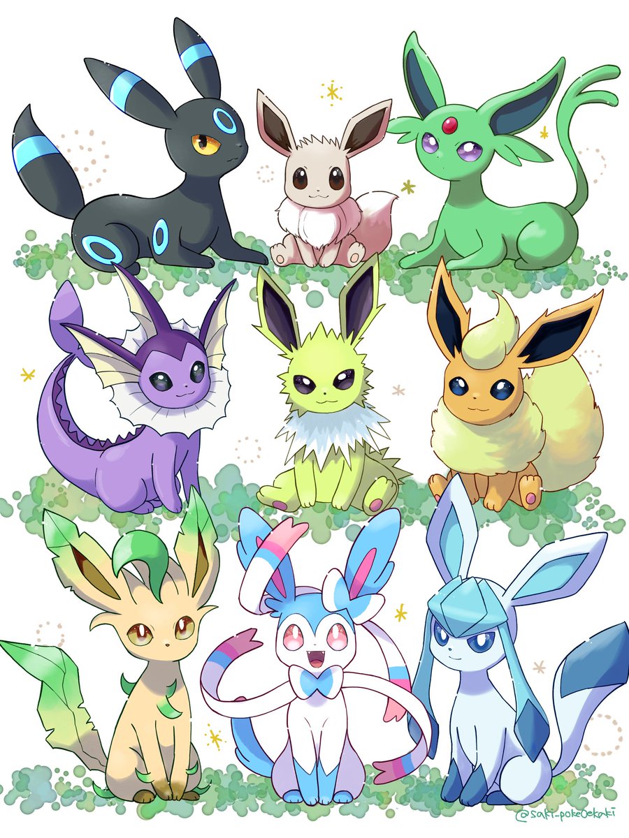 espeon ,glaceon ,leafeon ,sylveon ,umbreon ,vaporeon no humans pokemon (creature) smile closed mouth purple eyes looking at viewer sitting  illustration images