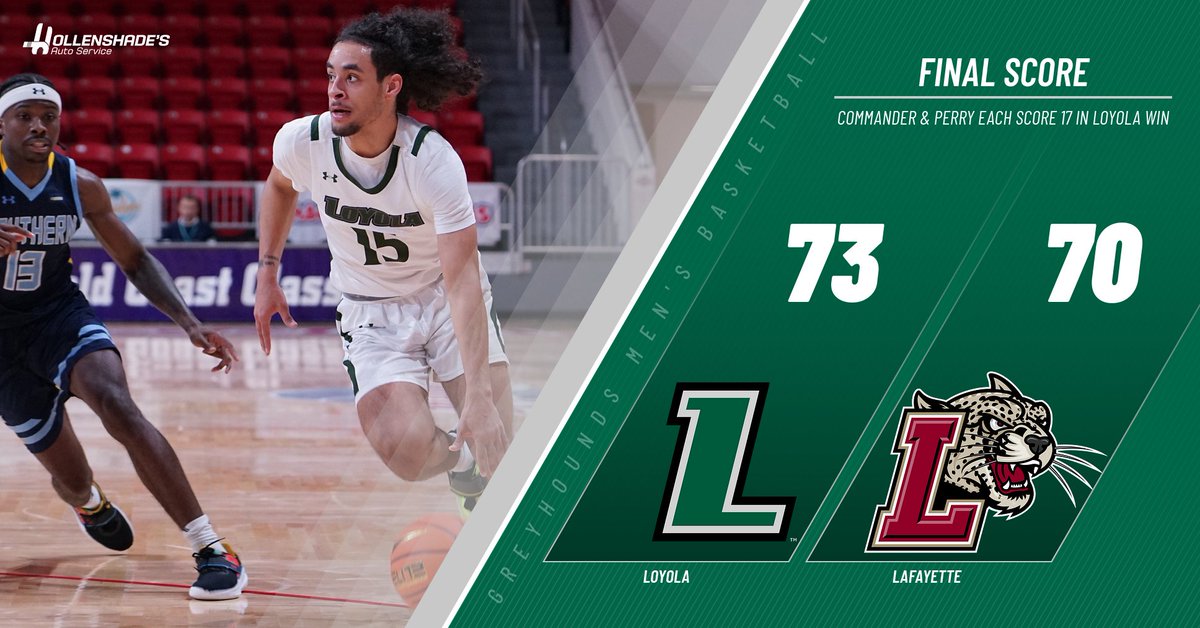 LoyolaMBB's tweet photo. FINAL: @LoyolaHounds 73, Lafayette 70

Two freshmen – Tyson Commander &amp; Deon Perry – each scored 17 points, and Alonso Faure added 13 with 8 rebounds as the Hounds knocked off Lafayette.

Score presented by @hollenshades 

#gohounds | #patriotmbb | @Patriot_Gameday https://t.co/l0QC6xv0jr