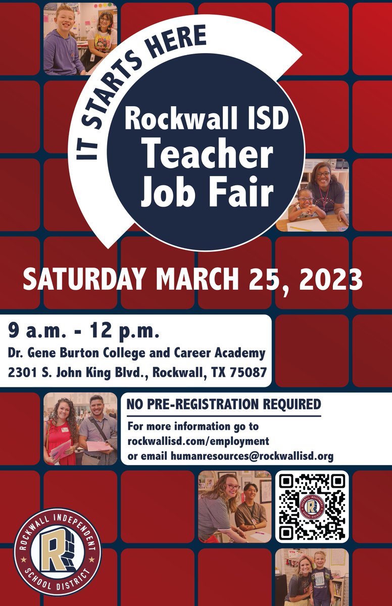 If you're graduating college and are ready to start your teaching career, It Starts Here. If you're an experienced teacher looking for a district to call home, It Starts Here. Join our Teacher Job Fair on March 25 from 9 a.m.-12 p.m. at <a href="/GBCCA_RISD/">Dr. Gene Burton College & Career Academy</a>. Info: rockwallisd.com/employment