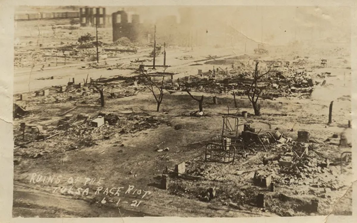 dom_lucre's tweet photo. Democrat Gov. James B. A. Robertson ordered the National Guard to bomb Black Wall Street in Tulsa, Oklahoma on May 31, 1921, to stop a “negro uprising”

The community thrived throughout the first half of the century, even during the Great Depression. 

Happy Black History Month! https://t.co/PyRBrrFQIU