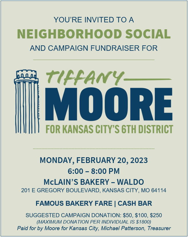 Please join us at an iconic Waldo location to enjoy tasty food and support my effort to represent Kansas City's 6th District.