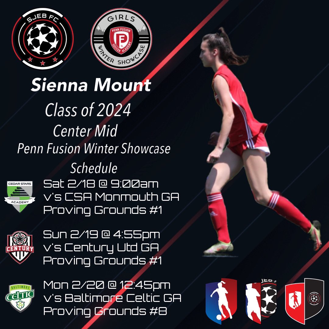 siennamount's tweet photo. PENN FUSION SHOWCASE!!! Can’t wait to play this weekend. @GAcademyLeague @ImYouthSoccer @SJEBFC @ImCollegeSoccer @PrepSoccer https://t.co/J5RaeN5Bvt