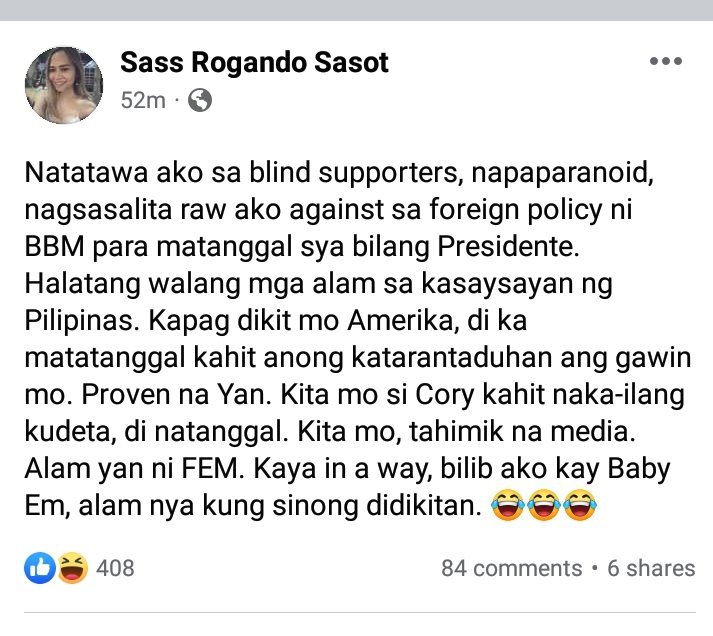 MrWinwineklabu's tweet photo. Really, we are blind supporters? Has she forgotten that PBBM is just continuing the "Friends to all enemy to none" policy by FPRRD? And EDCA is not just a recent agreement, it was during PNoy's time in 2014.

We stand neutral Sass !! https://t.co/5AguRoYLrF