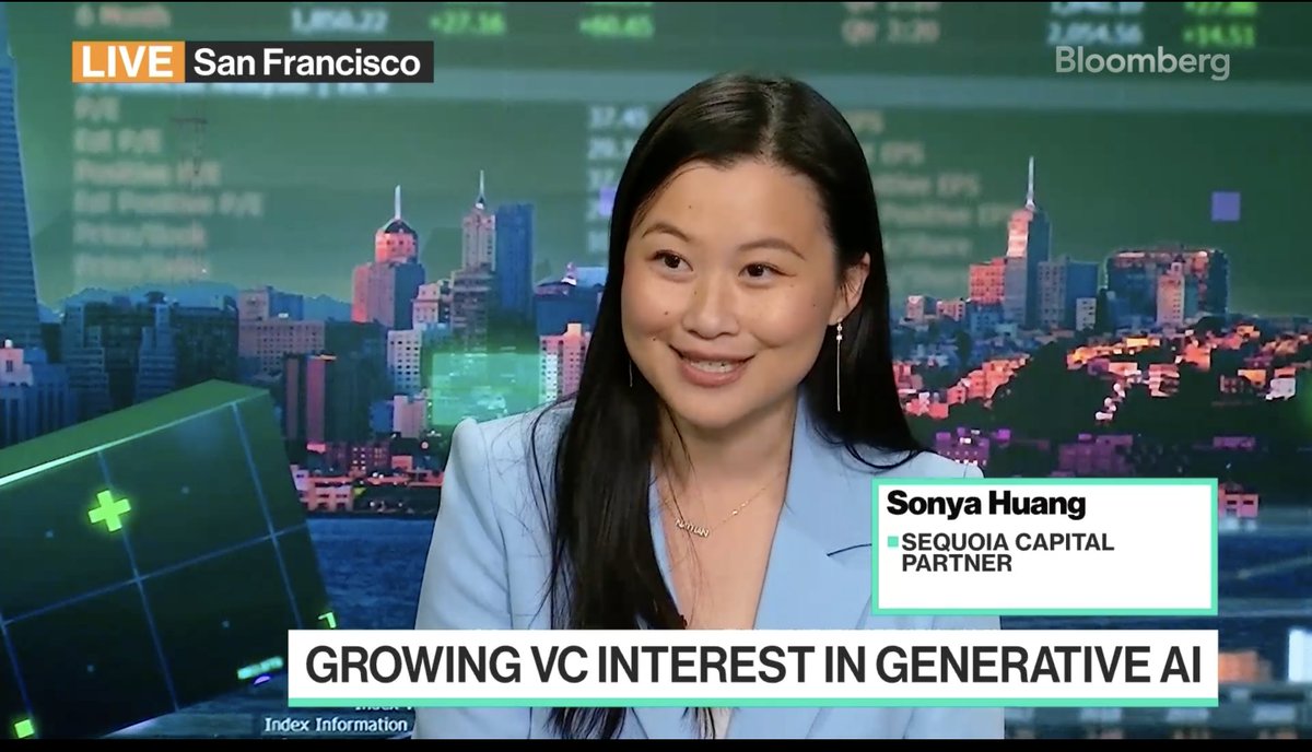sequoia's tweet photo. "Every industry is getting reinvented by A.I.” @sonyatweetybird discusses this watershed moment for technology on @Bloomberg. 

Watch here: https://t.co/SH9ncAV3gi https://t.co/gY3dhoxOyz