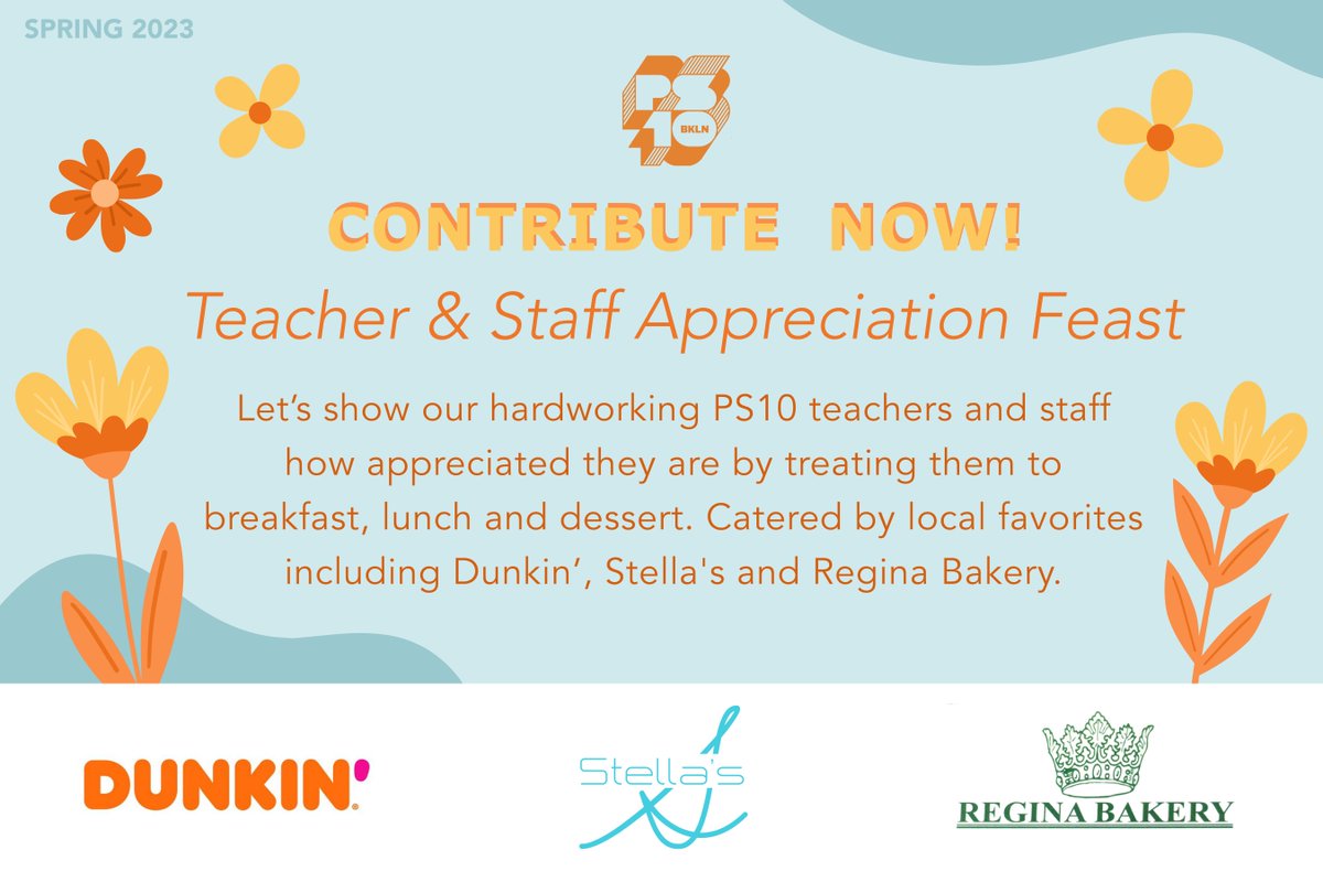 PS10Brooklyn's tweet photo. On Parent-Teacher Conference days we have an opportunity to show our appreciation for our hardworking PS10 teachers and staff with a delicious catered luncheon. Please contribute to help us say THANK YOU to those who enrich our children's lives every day: https://t.co/evaAsGtmqX https://t.co/sAdM07iScw