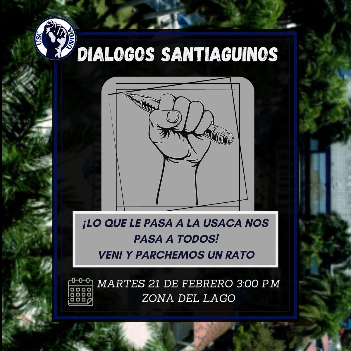 Uni_santiagoUni's tweet photo. Diálogos Santiaguinos 💙

¡Lo que le pasa a la USACA nos pasa a todos! Vení y parchemos un rato para que hablemos del movimiento estudiantil y de las problemáticas relacionadas con la calidad académica y bienestar Universitario. 

#UscUnida #DialogosSantiaguinos https://t.co/nyXQywYM5x