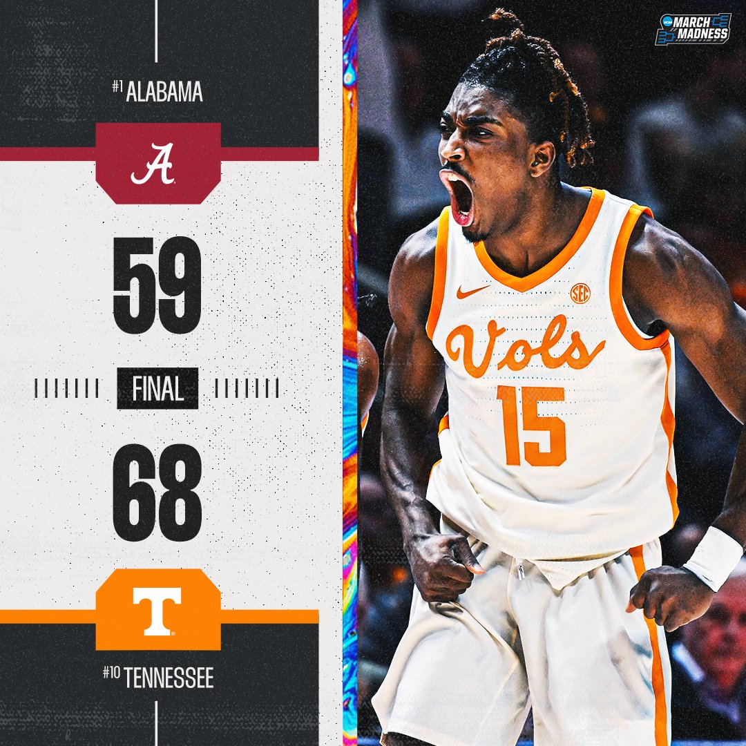 MarchMadnessMBB's tweet photo. NO. 10 TENNESSEE KNOCKS OFF NO. 1 ALABAMA 🤯

The Vols hand the Tide their first conference loss with a big win in Knoxville 👀 https://t.co/JmpAJVwddL