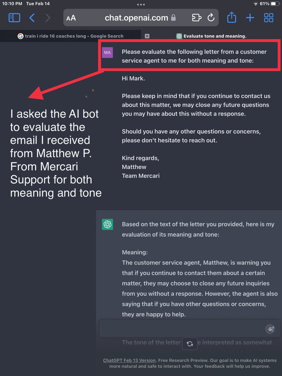 bookdesign's tweet photo. @Mercari_app Mercari Customer Service is consistently the worst I have ever experienced. Yesterday, after 13  CSRs, Mercari prematurely closed my case &amp; *threatened me*. ChatGPT read the CSR’s threat and confirmed it was both “threatening” and “confrontational.” Thanks, @openAI. https://t.co/Ss0oxUJcC3