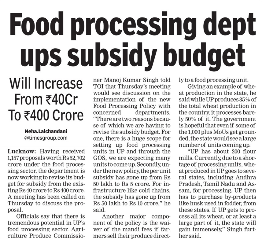 _InvestUP's tweet photo. #UPGIS23 
In view of 1,157 #investment proposals for a whopping ₹52,702 crore in the food processing sector, @UPGovt is now working to revise department's #budget for #subsidy from the existing ₹40 crore to ₹400 crore.

#InvestInUP #Food_Processing #UttarPradesh 

Read on👇 https://t.co/rs6ttY5Emy