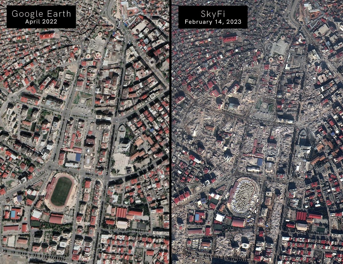 SkyfiApp's tweet image. We tasked a satellite to capture a New Image of the damage in Kahramanmaras, Turkey, after the devastating 7.8 magnitude earthquake on Feb 6, 2023.

The before vs. after images speak for themselves.
#SupportTurkey