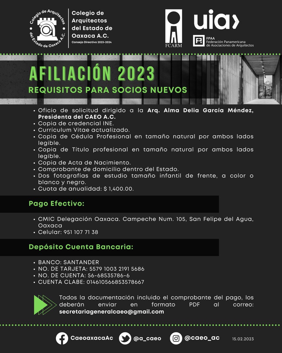 a_caeo's tweet photo. #Actualización⚠️ El CAEO A.C., informa sobre los requisitos y costo de la afiliación para socios nuevos del año 2023, el pago de anualidad se puede realizar en efectivo o a través de depósito bancario, dudas o comentarios al correo electrónico secretariageneralcaeo@gmail.com https://t.co/icUvvbu3jz