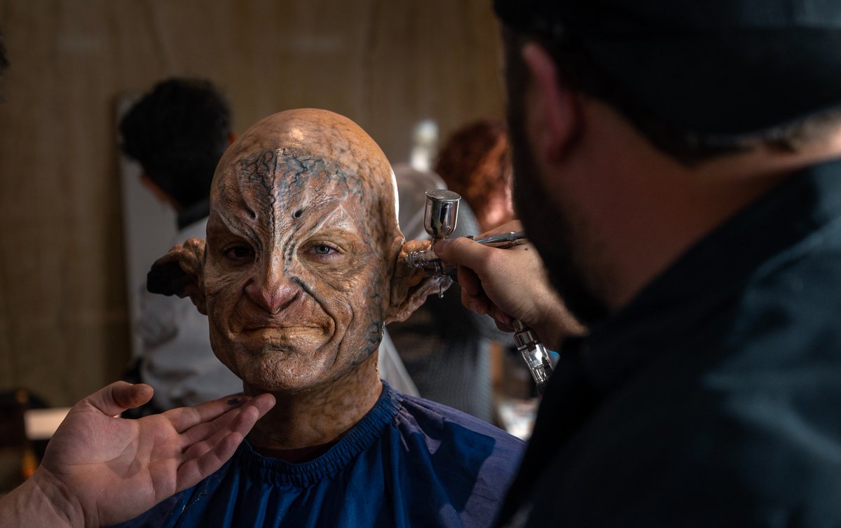 Joseph Gavigan, a local actor, is turned into a faun by local special effects makeup artists Jon Shroyer, right, and Derek Herrera near the Rotunda of the State Capitol. This is part of Film Day and the Legislature. abqjournal.com/category/legis…