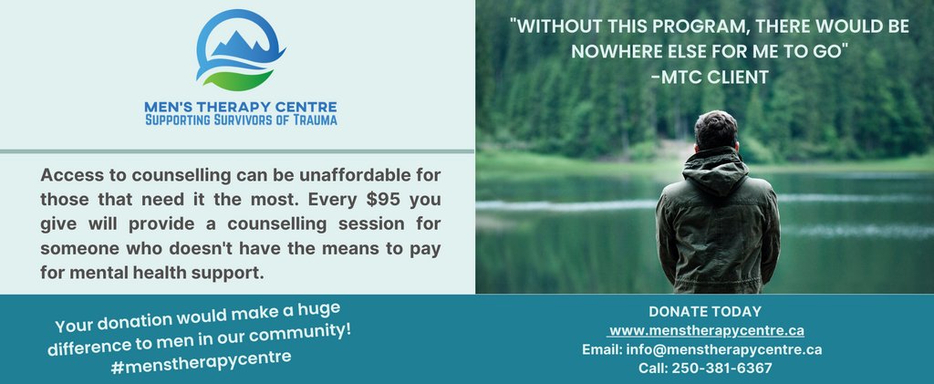 Men in our community need your help. 
Please consider a donation to the Give Where you Live campaign today!

To donate visit: menstherapycentre.ca

To learn more about the campaign visit: rb.gy/rrsk0z

#menstherapycentre
