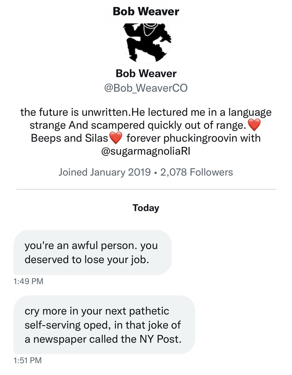 SlackingNinja's tweet photo. @Bob_WeaverCO Bob, do you make it a habit of harassing women on Twitter? Your public Tweets seem to greatly differ from what you assumed is a private DM https://t.co/KlryuJ4Egt