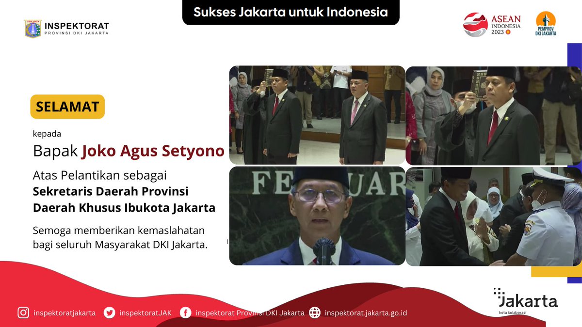 InspektoratJAK's tweet image. Rabu 15 Februari, Penjabat (Pj) Gubernur DKI Jakarta Bapak Heru Budi Hartono melantik Bapak Joko Agus Setyono sebagai Sekretaris Daerah Provinsi DKI Jakarta yang bertempat di Balaikota DKI Jakarta.
.
Sukses Jakarta Untuk Indonesia
.
#inspektorathebat #pastibisa