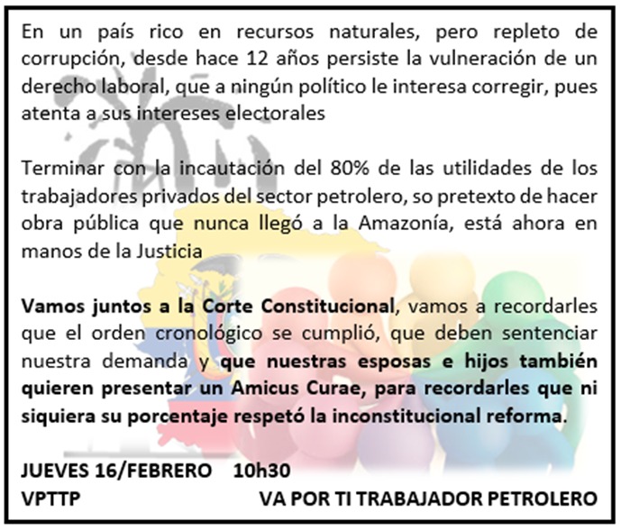 aaje25678's tweet photo. @CorteConstEcu porque la razón no pide fuerza.
Porque la discriminación a los trabajadores petroleros nos convierte en ciudadanos de segunda.
Porque el orden cronológico se ha cumplido, pedimos sentenciar la causa 0001-18-IO y dictar justicia a favor de miles de familias. https://t.co/W0hKFgklCW