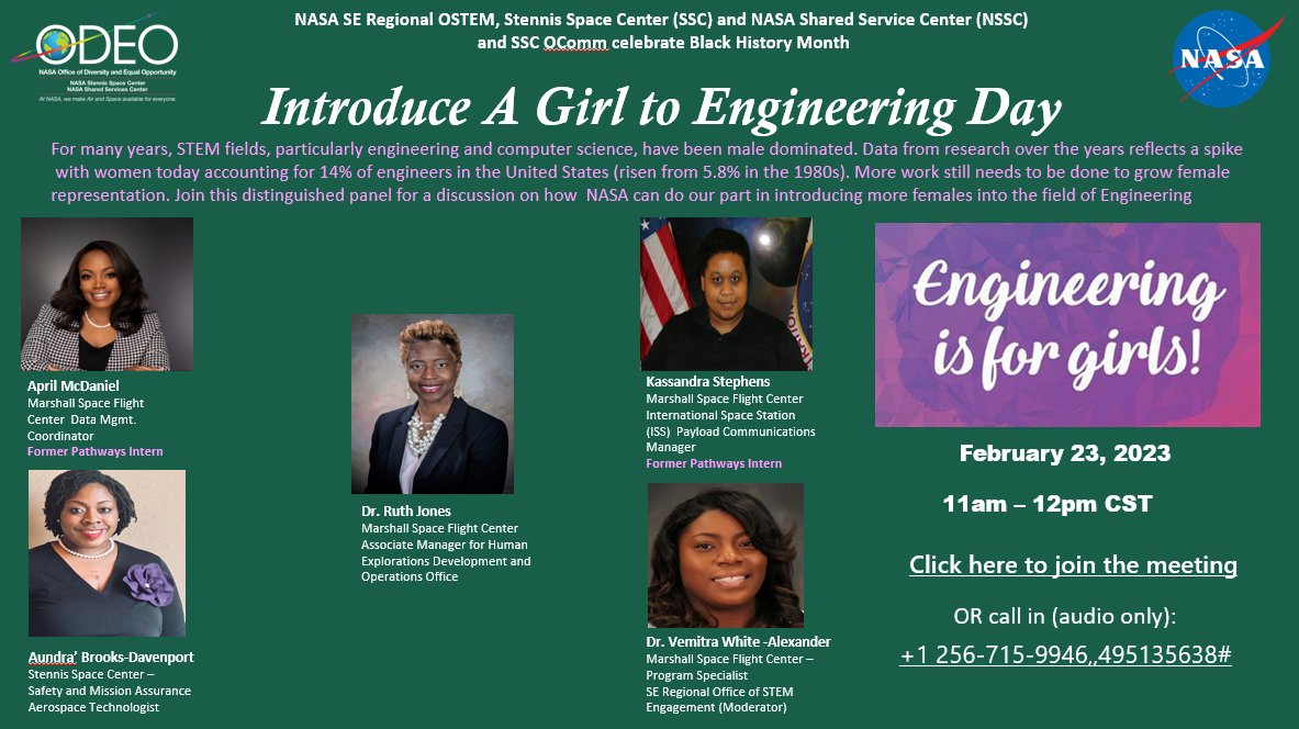 Don't Miss this free NASA Virtual Presentation, Introduce A Girl to Engineering Day! Email Mr. Thompson at: 
louis.m.thompson@nasa.gov for a link to attend. <a href="/NASA/">NASA</a>