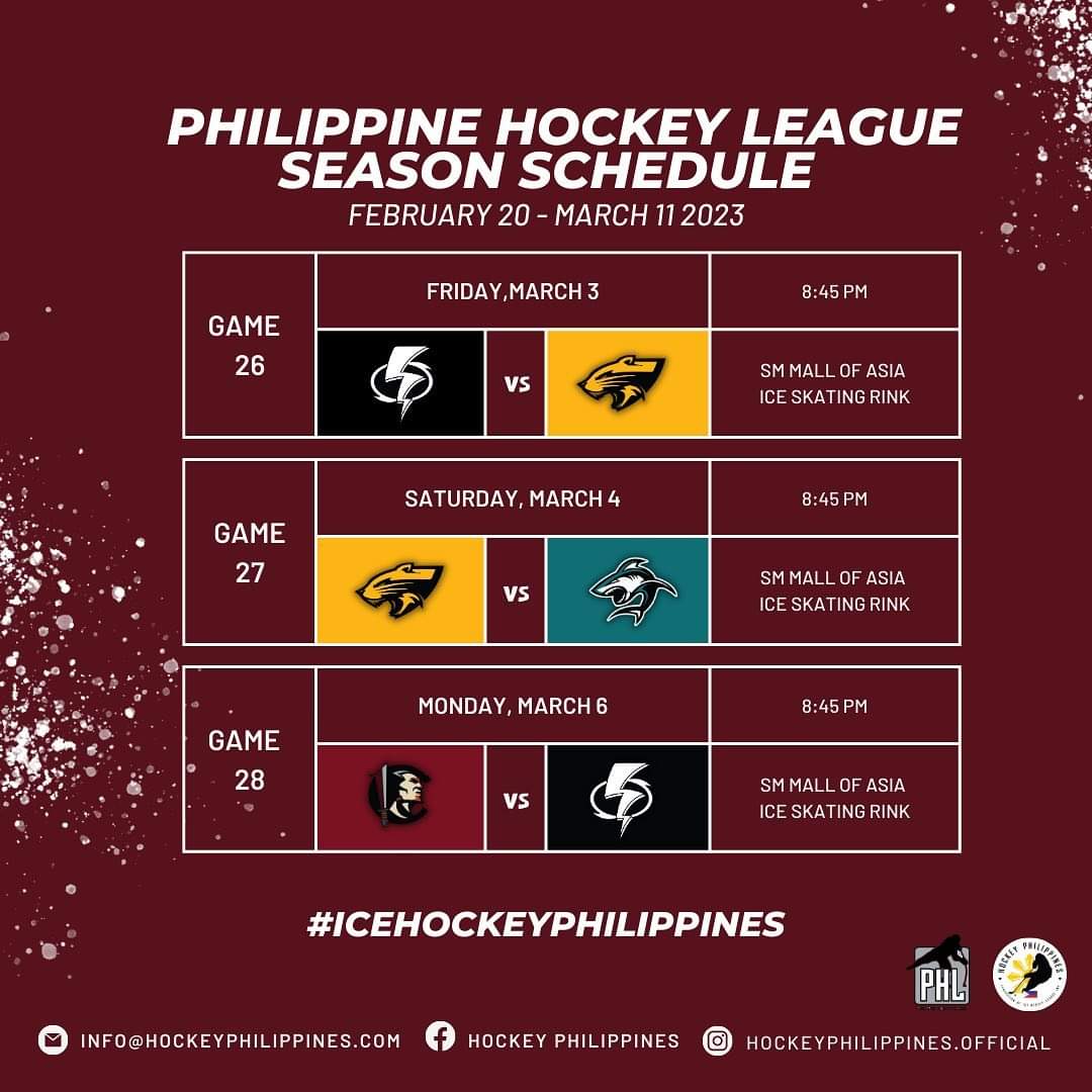 LindgrenDon's tweet photo. PIlippine Ice Hockey League game schedule for the rest of the regular season 22-23 🏒

#tweetpuck 
#hockeytweet 
#hockeynews
#hockeypuck 
#hockeyisforeveryone 
#hockeyleague 
#asianhockey 
#philippinehockey 
#ishockey
#jääkiekko 
#rautaliiga 
#playoffhockey https://t.co/7WoxlOYhdA