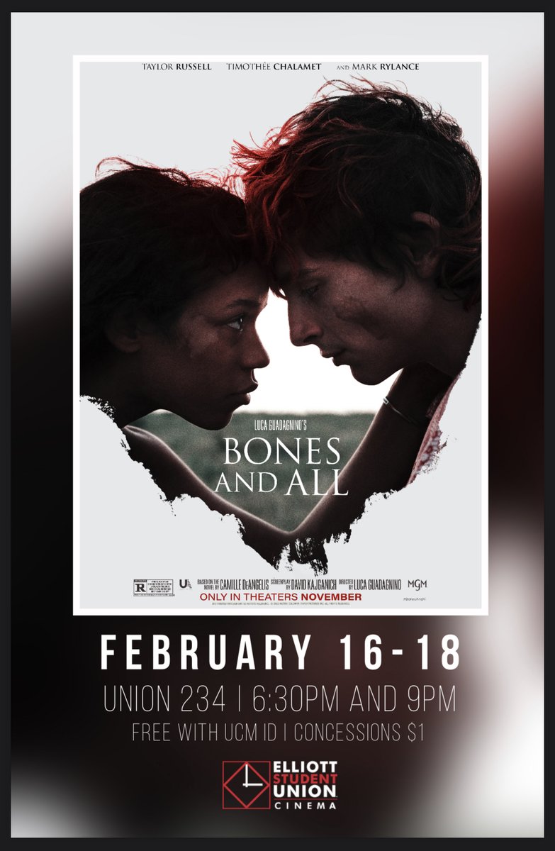 🎥 Playing this Week:
Bones and All
Thursday, Friday &amp; Saturday - 6:30PM &amp; 9PM in the Union Cinema
🍫 Concessions are $1 🥤
Film admission is FREE with your UCM I.D.
Friends and family are welcome to attend too!
Trailer: ow.ly/PgO450MTLFa
