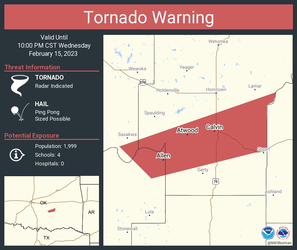 NWS Tornado on Twitter "Tornado Warning including Allen OK, Calvin OK