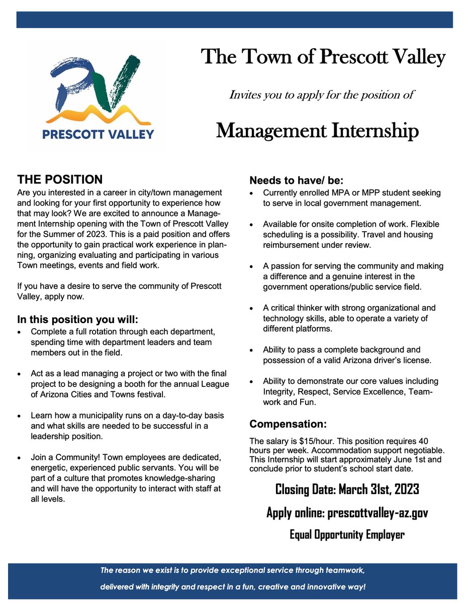 Solop's tweet image. Excellent internship opportunity at the Town of Prescott Valley.