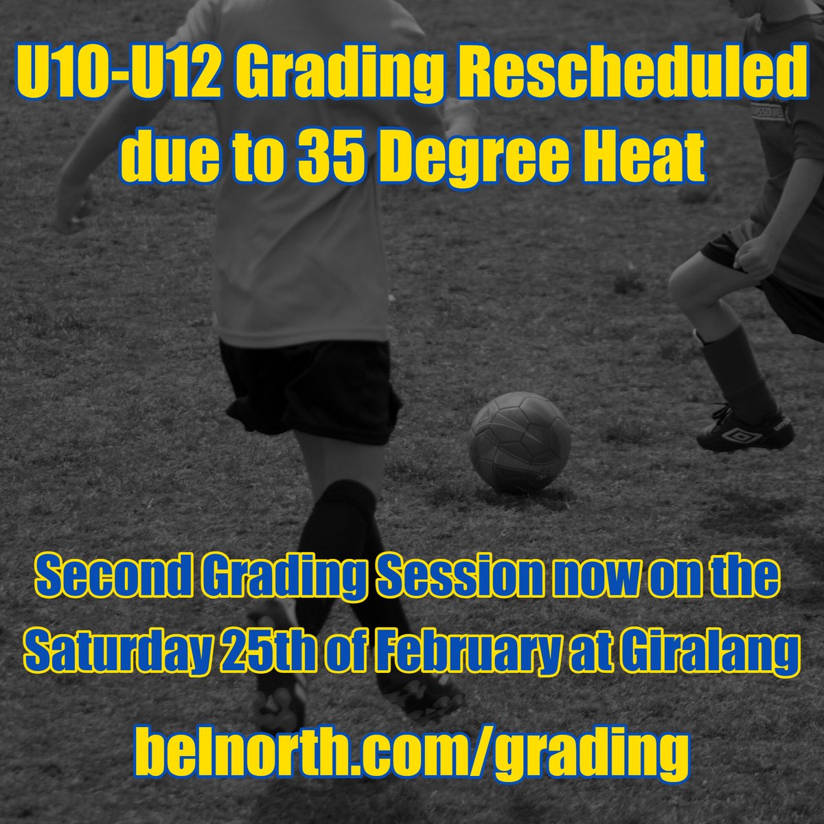 BelnorthFC's tweet photo. Due to the extreme heat forecast, U10 to U12 Grading, initially scheduled for this Saturday, the second sessions have been moved to Saturday morning, the 25th of February. The grading will still be at Giralang.
Age Group check-in times for 25/2/2023 are as follows:
7:30 am: U10 O https://t.co/HFEeQKk0do