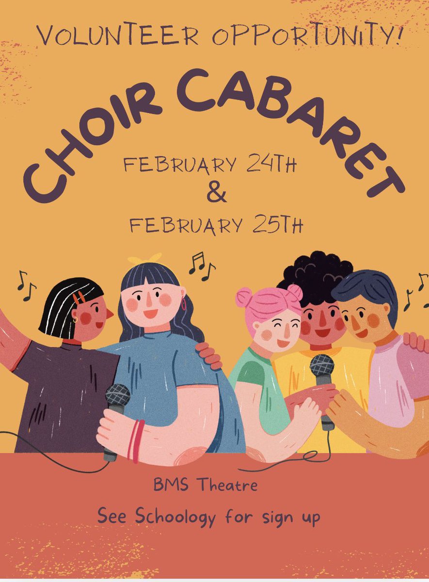 ‼️Volunteer Opp‼️
Help out at the BMS Choir Cabaret on February 24th and 25th in various positions—you choose! Get those hours🤜🤛