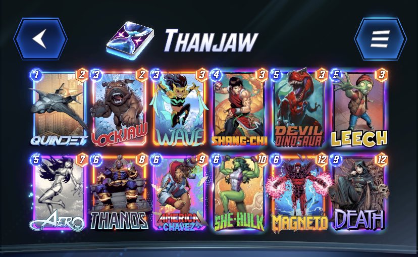 henroguee's tweet photo. Just hit Infinite for the 2nd season in a row now with the THANJAW deck I saw posted on Twitter the other day. This deck is absolutely cracked, I went from 94-101 in 2 freaking hours! #MarvelSnap @SnapDecks @MARVELSNAP https://t.co/AxKSYEAJKB