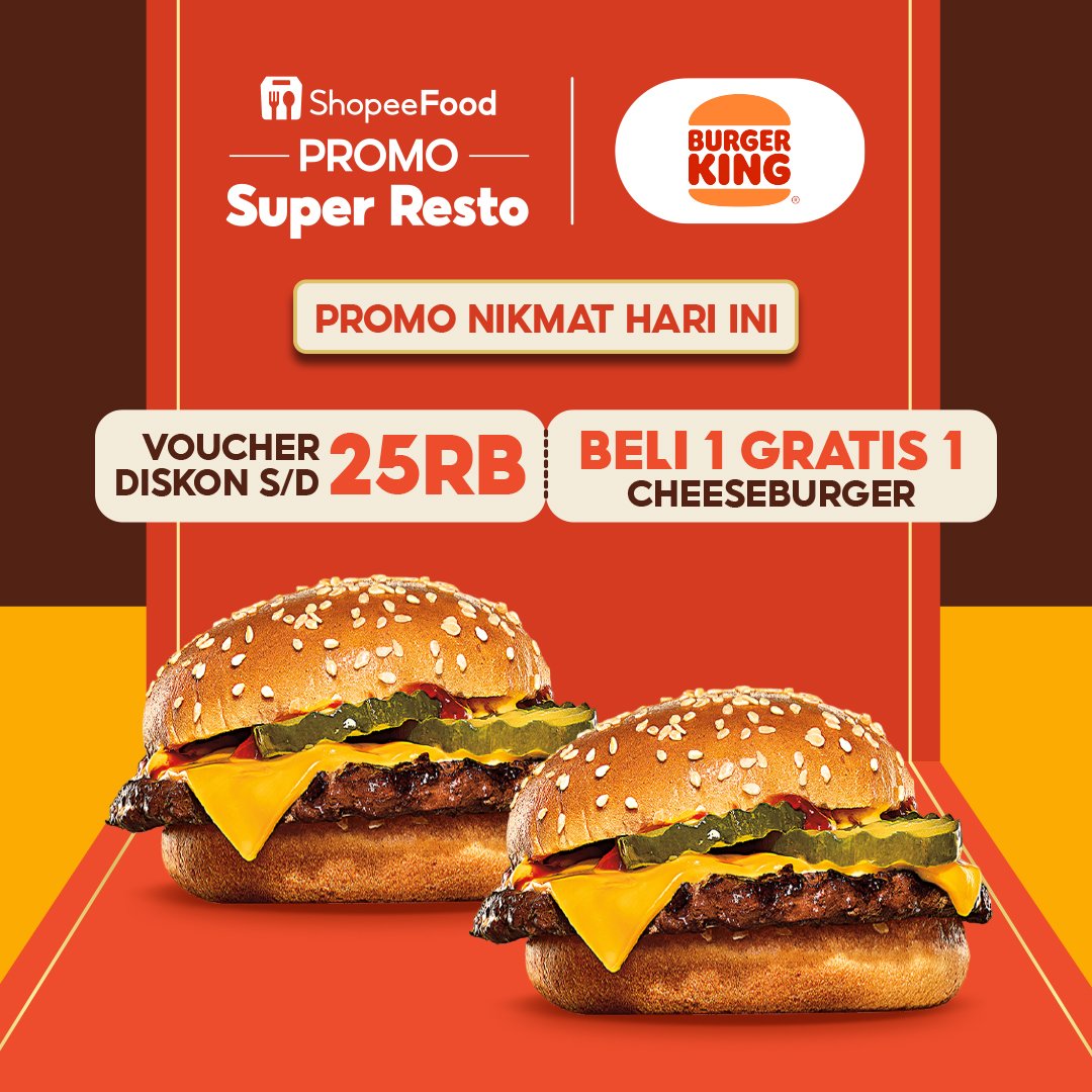shopeefood_id's tweet photo. Nah, kalau beli Burger King di ShopeeFood ada voucher diskon s/d 25rb dan beli 1 gratis 1 cheeseburger juga lohππ
#PromoShopee #PromoShopeeFood #ShopeeFood #ShopeeFoodID https://t.co/Br0ZuA0iTU