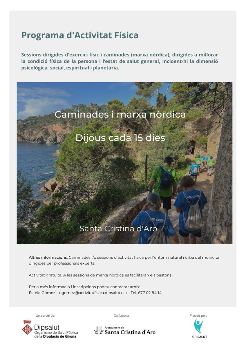 SantaCristinaAJ's tweet photo. 👣 @Dipsalut organitza un programa d'activitat física en col·laboració amb l'Àrea d'Esports, proveït per @grsalut:

Caminades i marxa nòrdica
Periodicitat: Els dijous cada 15 dies

🗓 Inici: Dijous 23/2
🕘 9 h
📍 Parc de Salut de La Teulera
✅ Activitat gratuïta

📲 677 02 84 14 https://t.co/3jjnz3oEmu